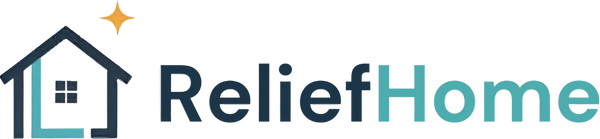 ReliefHome logo with a house and sun design